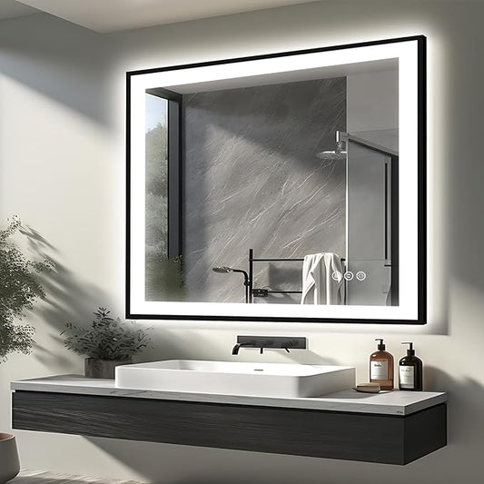 40x38 Lighted Mirrors for Bathroom Wall - Black Aluminum Framed (Front and Backlit), Anti-Fog LED Vanity Mirror, Shatter-Proof Lighted Mirror, 3 Colors Memory Mirror (Horizontal/Vertical)