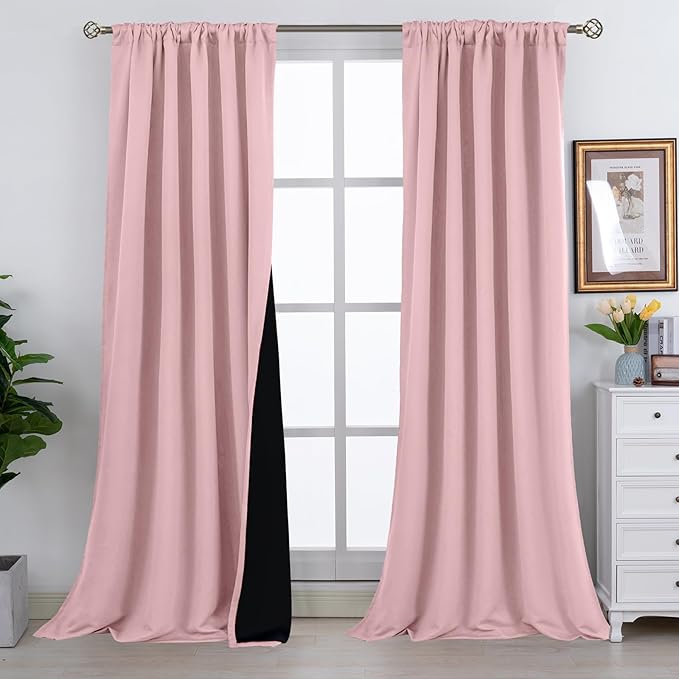 BGment Pink Full Blackout Curtains with Thermal Insulation Liner Curtains 108 Inches Long, Rod Pocket and Back Tab Double Layer Room Darkening Window Curtain for Bedroom(52 x 108 Inch, 2 Panels, Pink)