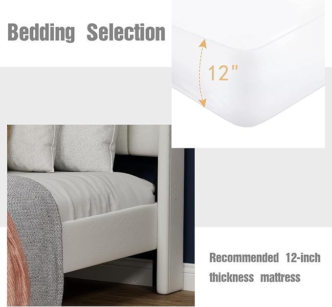 Upholstered Platform King Size Bed Frame with Headboard Wooden Slats Support No Noise Easy Assembly White Linen