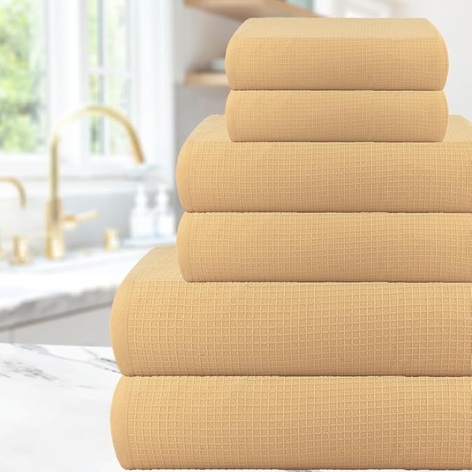 CASA COPENHAGEN Waffle Towel, 6Pieces 100% Cotton Large Towel Set- Beige, 2Bath 2Hand 2Washcloths Instant Absorb and Dry, Soft Strong Towels for Hotel Spa Kitchen Bathroom & Shower