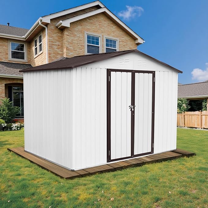 8 x 6 FT Outdoor Storage Shed, Metal Garden Tool Shed with Slooping Roof, Lockable Doors, All-Weather Bike Shed Easy to Assemble for Backyard, Patio, Lawn, White