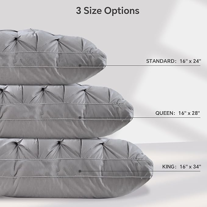 QUTOOL Luxury Hotel Goose Feather Pillow, 100% Cotton, Soft Support Pillow, Suitable for Sleepers on The Back, Sides, and Stomach, Set of 2 Queen Size Bed Pillows (16" x 28"), Gray