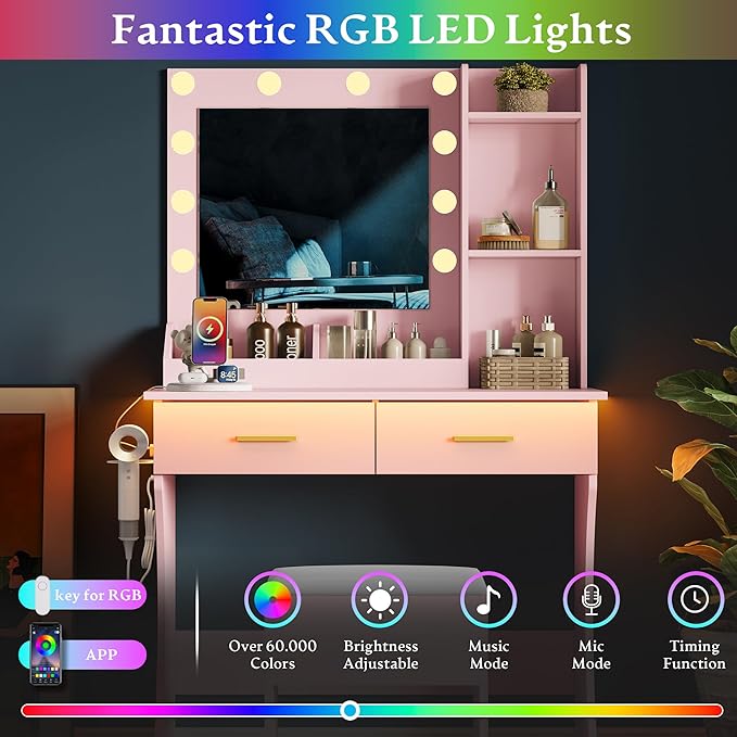 Makeup Vanity Desk with Mirror and Lights, Small Makeup Vanity Table Set with Drawers, Power Outlet & Storage Stool, White Vanity with 3 Lighting Modes LED for Women Girls Bedroom