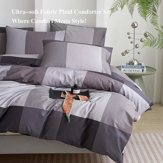 mixinni Full Size Comforter Sets Men Boys Geometric Checkered Plaid Printed Bedding Comforter for All Season Soft Lightweight Bedding Set-(Full Size, Grey,Black)