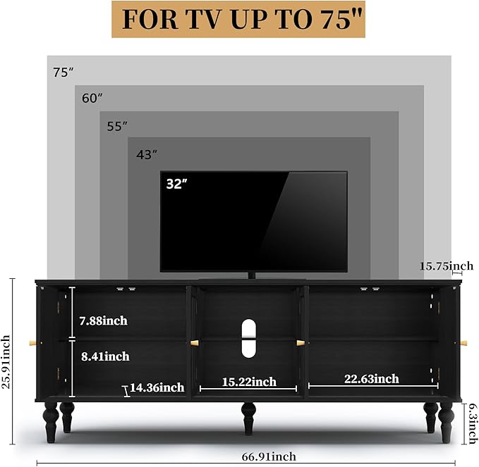 3More 67" Mid Century Modern TV Stand with Window Design,Wood Entertainment Center with Open Shelf,Up to 70" Media TV for Living Room or Bedroom,Black
