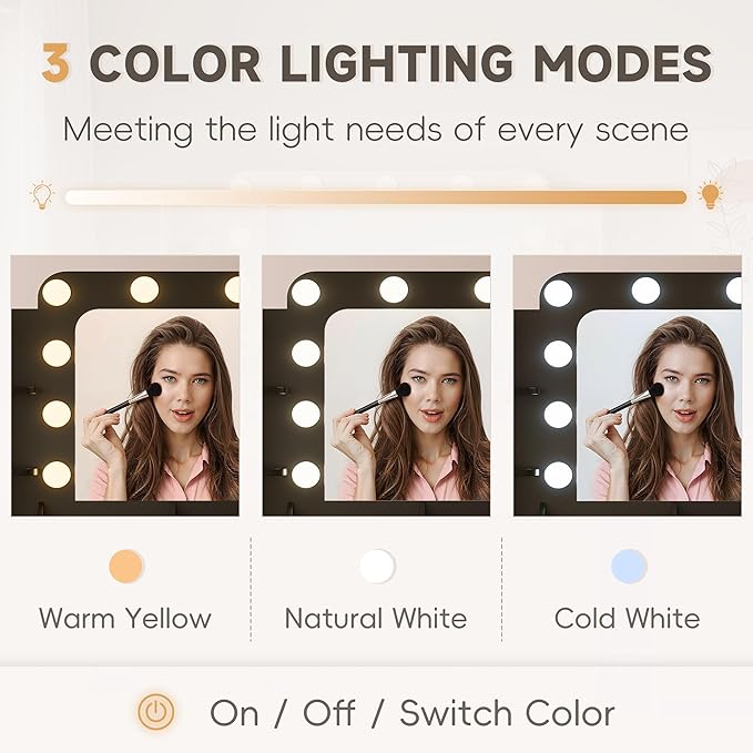 YESHOMY Vanity Desk with Large Lighted Mirror, Power Outlet and 11 Lights, Makeup Table with 7 Drawers and 3 Desktup Storage Units, 3 Color Modes Available for Bedroom, Black