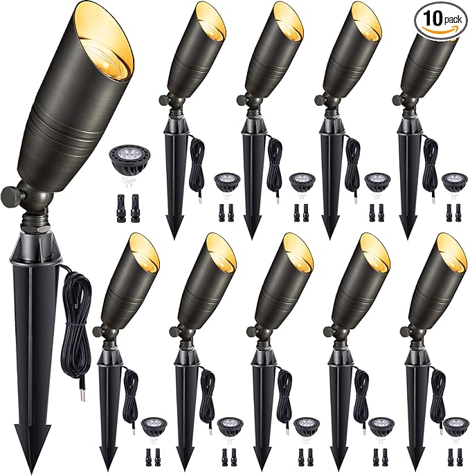 Low Voltage Spotlight LED - 12V Outdoor Light Fixture Weather Proof, Brass Landscape Lights Hardwired, Coastal Bronze for Flag Sign with Warm White MR16 Removable Bulbs (10 Pack)