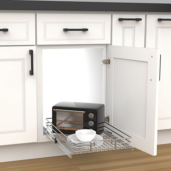 Pull Out Cabinet Organizer, Heavy Duty Wire Metal Chrome Slide Out Drawers For Kitchen Cabinets, Doesn't Include Door Fittings (17 * 21 IN)