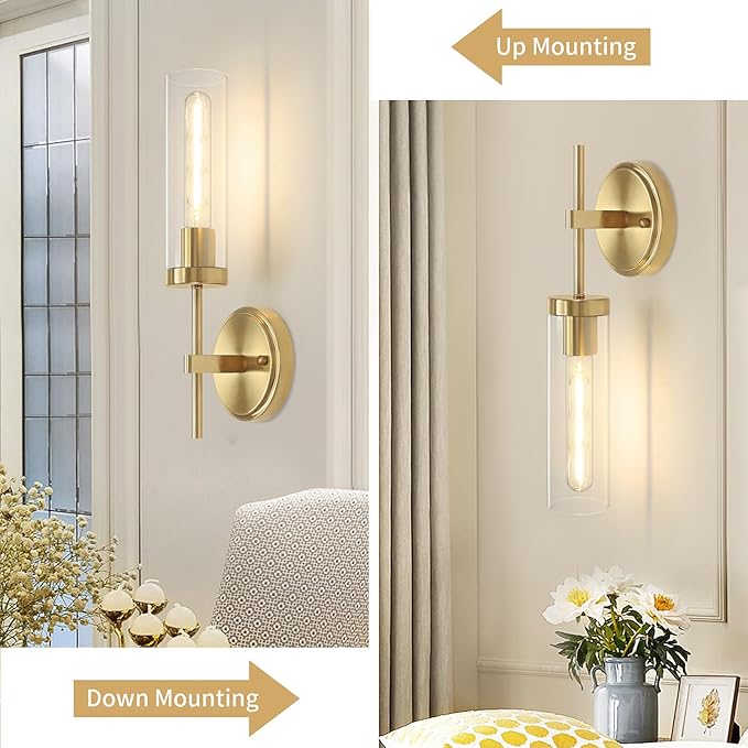 Gold Wall Sconces, Modern Bathroom Vanity Light Fixtures, Sconces Wall Decor Set of 2, Wall Lamps with Clear Glass, Indoor Wall Lights for Bedroom Living Room Hallway