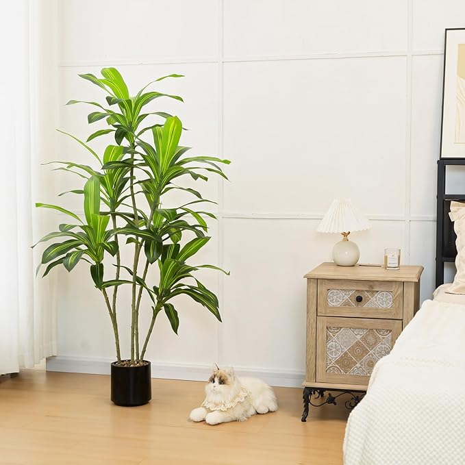 Artificial Dracaena Tree 5FT Tall, Realistic Faux Indoor Floor Plant for Home & Office Decor, Black Round Planter with Decorative Stones – UPBUD