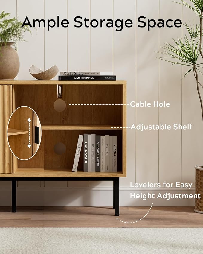 Fluted Tv Stand with Sliding Doors, 47" Modern Entertainment Center with Adjustable Shelves, Wood Media Console with Storage for Living Room, Natural Oak