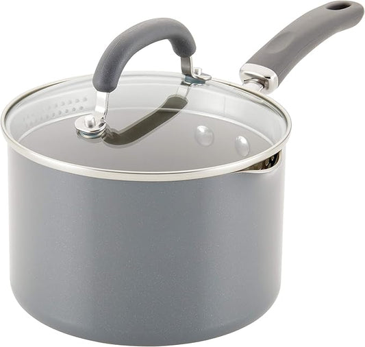 Rachael Ray 12021 Create Delicious Nonstick Sauce Pan / Saucepan with Straining and Lid, 3 Quart - Gray Shimmer