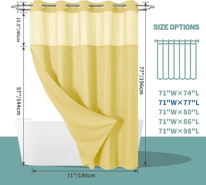 Yellow No Hook Waffle Weave Shower Curtain with snap-in Liner Replacement, 230GSM Waterproof Fabric Hotel Shower Curtain Set for Bathroom, Through Mesh Top Window,71Wx77H