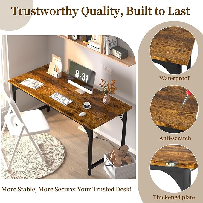 47'' Computer Desk with Deeper Desktop, Home Office Desk Workstation with Sturdy Metal Frame, Modern Simple Desk for Gaming Studying Writing,Rustic Brown