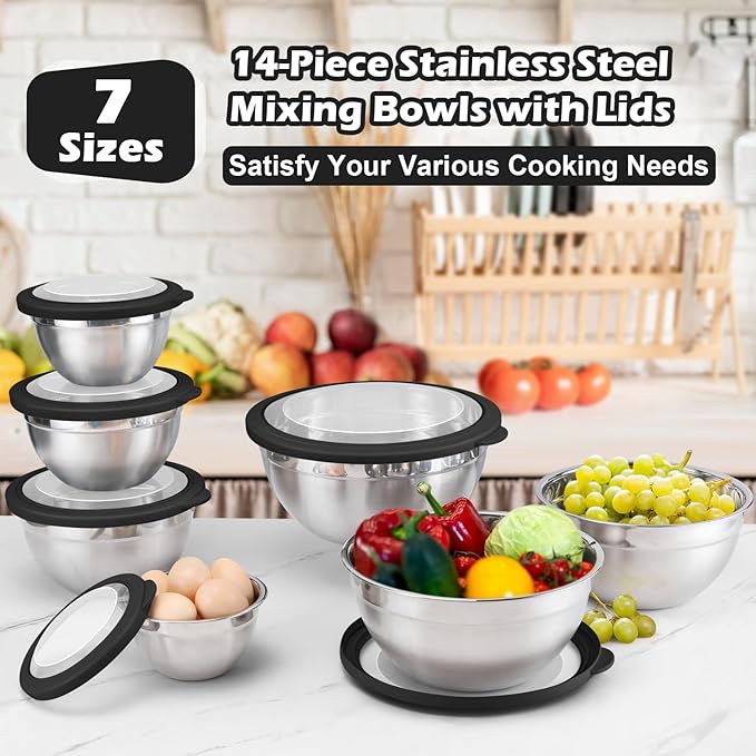 E-far Mixing Bowls Set of 7, Stainless Steel Mixing Bowls with Airtight Clear Lids, Metal Nesting Bowls for Kitchen Prep, Baking, Serving, Dishwasher Safe, Size 4.6, 3.5, 3, 2, 1.5, 1, 0.7QT, Black