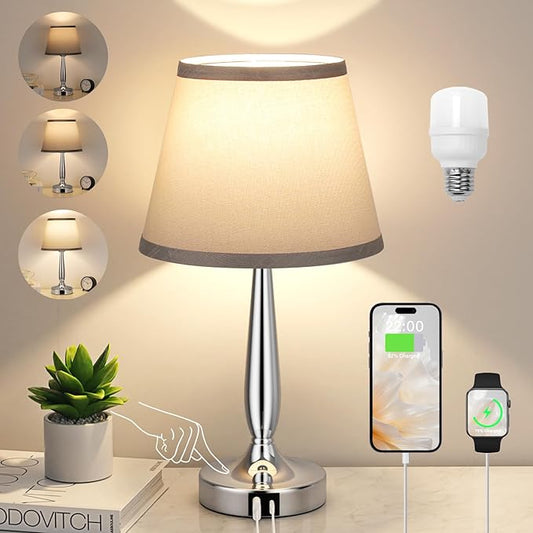 Kakanuo Touch Table Lamp for Bedroom, Small Bedside Lamp with USB C Charging Port, 3 Way Dimmable Touch Control Nightstand Lamp for Living Room and Office, Gray Shade and Silver Base