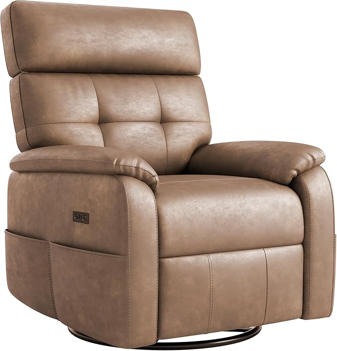 Claiks Power Swivel Rocker Recliner Chair, Oversized Recliner Chairs for Adults, Tech Cloth Overstuffed Reclining Chair with USB and Type-C Ports for Living Room, Brown