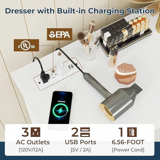 DICTAC White Dresser for Bedroom with 10 Drawers, Large Chest of Drawers Storage Organizer, Long Dresser TV Stand with Power Outlets, Wide Dressers for Bedroom, Living Room 55.1" W x 32.3" H x 15.8" D