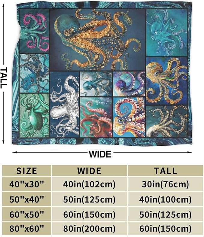Ocean Octopus Blanket Soft Octopus Flannel Fleece Blanket Cozy Warm Nautical Octopus Stuff Decor Bedding Plush Throw Blanket Octopus Gifts for Lovers Girls Boys Kids Women Adults Bed Travel 50"x60"