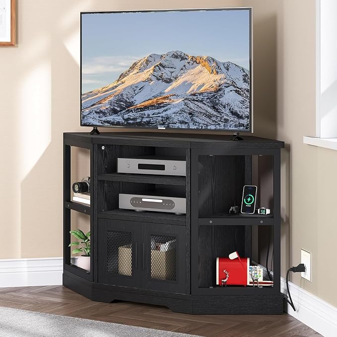 YITAHOME Corner TV Stand for TVs up to 55/50 Inch with Power Outlet, Modern Farmhouse Entertainment Center, Wood TV Media Console with Storage Cabinets Shelves for Living Room, 47" Black