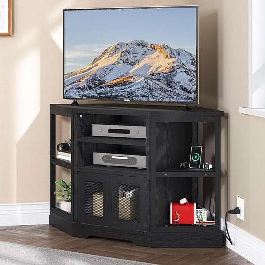 YITAHOME Corner TV Stand for TVs up to 55/50 Inch with Power Outlet, Modern Farmhouse Entertainment Center, Wood TV Media Console with Storage Cabinets Shelves for Living Room, 47" Black