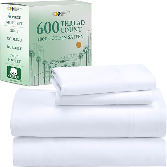 California Design Den Queen Sheet Set - Luxury 600 Thread Count Sateen, 100% Cotton Deep Pocket Queen Sheets with All Around Elastic, Snug Fit, Hotel Quality Bedding Set - White