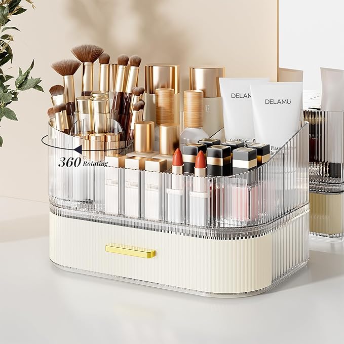 Delamu Makeup Organizer for Vanity with Stackable Drawers, 360 Rotating Makeup Brush Holder Large Cosmetic Display Case for Dresser, Bathroom Countertop Skincare Organizers and Storage, Elegant White