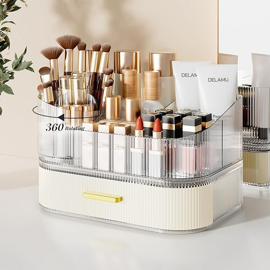 Delamu Makeup Organizer for Vanity with Stackable Drawers, 360 Rotating Makeup Brush Holder Large Cosmetic Display Case for Dresser, Bathroom Countertop Skincare Organizers and Storage, Elegant White