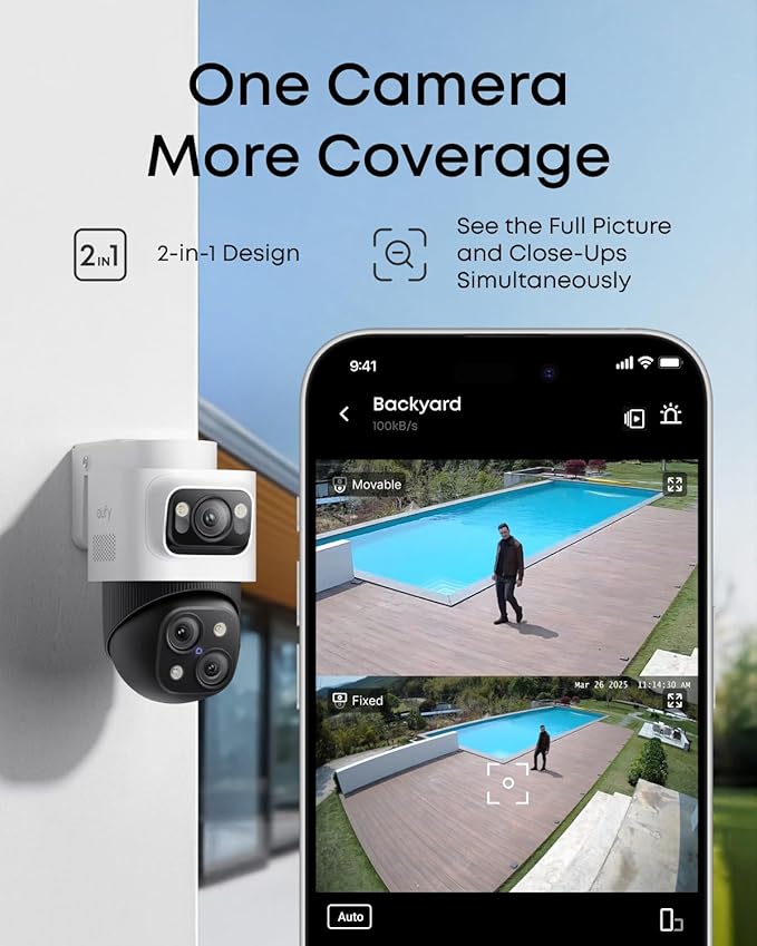 eufy PoE Bullet-PTZ Cam S4, NVR Add On Cam, 4K UHD Triple Lens, 122° FOV, 360° Pan and Tilt, 8× Hybrid Zoom, AI Tracking, Red and Blue Light, Color Night Vision, PoE Plug and Play, 24/7 Recording