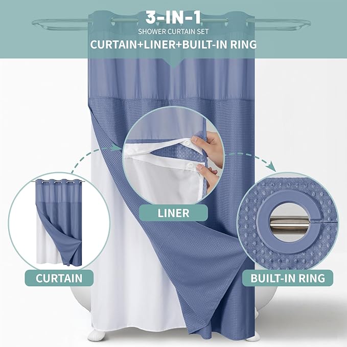 MoonLightBlue No Hook Waffle Weave Shower Curtain with snap-in Liner Replacement, 230GSM Waterproof Fabric Hotel Shower Curtain Set for Bathroom, Through Mesh Top Window,54Wx80H