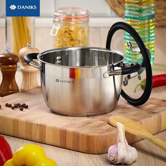 Daniks Orlando Frying Pan With Lid Included, 11-Piece Stainless Steel Induction Cookware Set, Dishwasher Safe, Glass Lids, Heatproof Handles, Measuring Scale, Silver