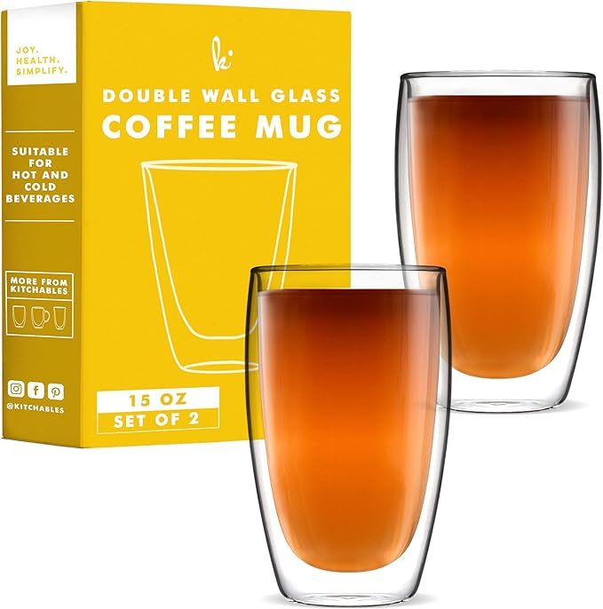 Kitchables Double Walled Glass Coffee Mugs Set of 2, 15oz Insulated Glass Coffee Mugs for Cappuccino, Latte, Tea, Espresso - Latte Cup - Tazas Para Cafe