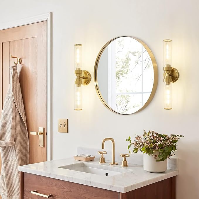 Bathroom Light Fixtures, Gold Wall Sconce in Threaded Glass Indoor Vanity Lights, Modern Bathroom Vanity Light Up and Down Sconces Wall Lighting for Bathroom, Living Room - Bulb Not Included