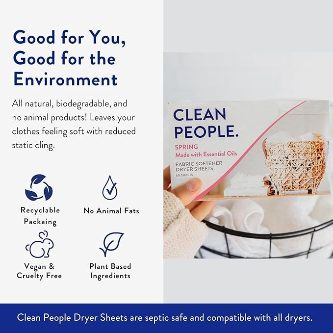 The Clean People Fabric Softener Sheets - Dryer Sheets - Softens & Removes Static Cling - Vegan Laundry Softener, Essential Oils - Spring 240 Pack
