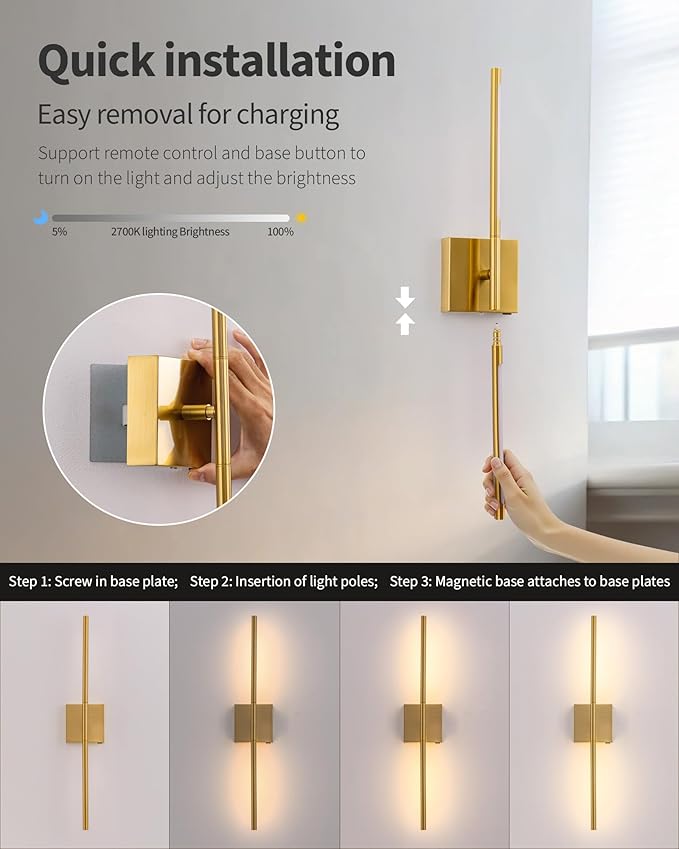 KDG Cordless Wall Sconces Set of 2, Wireless 7000mAh Rechargeable Battery Operated LED Wall Lamps with Remote, 360° Rotate Lightings for Wall Painting, Bedroom, Hallway, Night Light 23.6 inch (Gold)