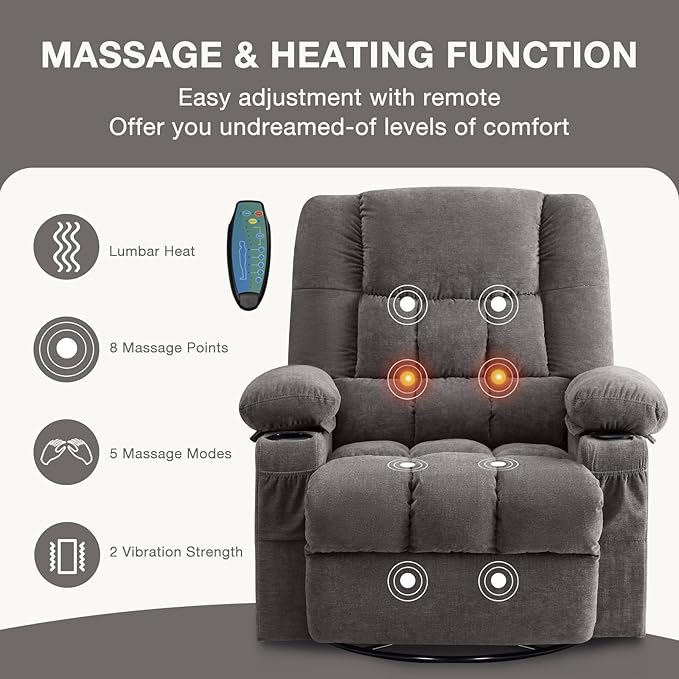Massage Swivel Rocker Recliner Chair with Vibration Massage and Heat Ergonomic Lounge Chair for Living Room with Rocking Function and Side Pocket, 2 Cup Holders, USB Charge Port