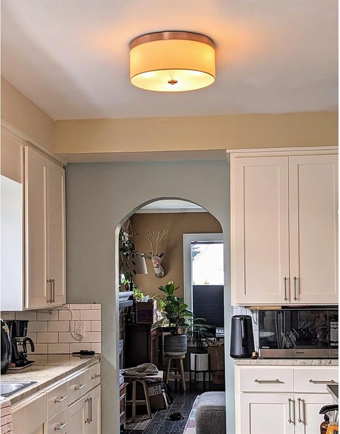 Kira Home Walker 15" Mid-Century Modern 3-Light Flush Mount Ceiling Light, Cream Fabric Shade + Round Glass Diffuser, Copper Bronze Finish