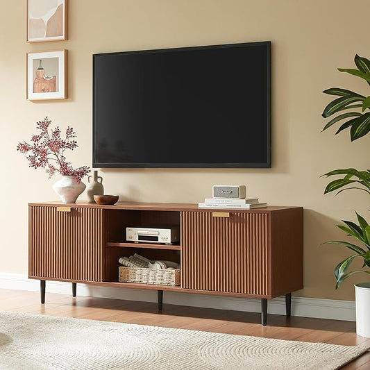 Okvnbjk Modern TV Stand, Fluted TV Consoles for Living Room 65+ Inch TV, Entertainment Stand with Storage & Sliding Doors, Media Console with Adjustable Shelf, Mocha