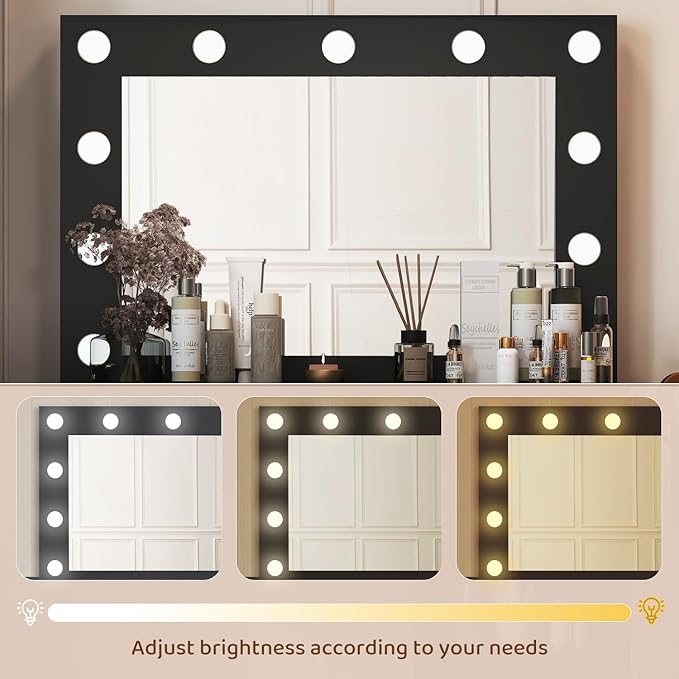 Vanity, Vanity Desk with Mirror, Large Drawer and Power Socket with 11 Light Bulbs and 3 Adjustable Lighting Modes, Vanity Table Ideal for Bedroom (Black)