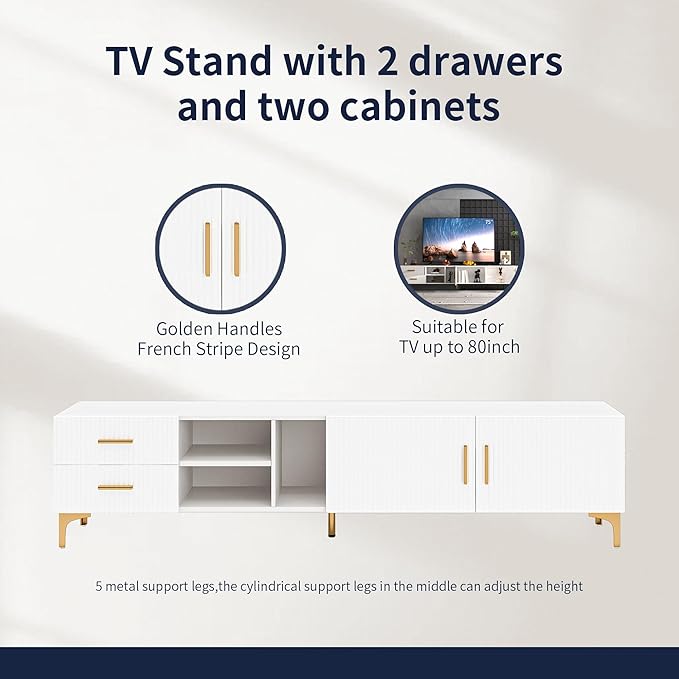 70" Fluted TV Stand for TVs Up to 80", Modern Entertainment Center with Storage, Media Console for Living Room Bedroom, TV Console（White）