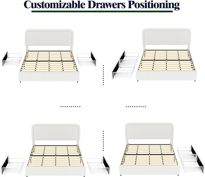 GDFStudio Upholstered Bed with Storage,Queen Size Platform Bed Frame with 2 Drawers,Curved Stitched Tufted Headboard, Wooden Slat Mattress Support No Box Spring Needed Easy Assembly, Ivory Boucle