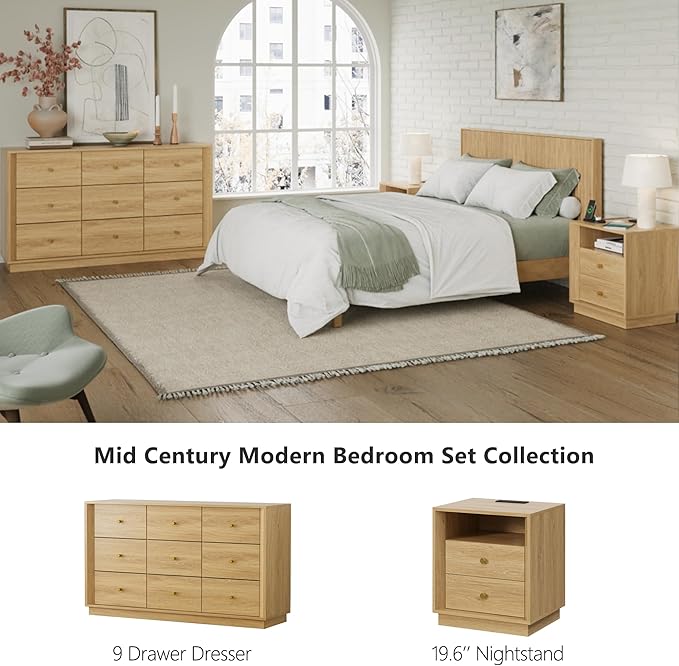 9 Drawer Dresser, Mid Century Modern Dresser with Storage, 55" Wide Chest of Drawers with Wood Grain Texture, Drawers Organizer for Bedroom, Living Room, Hallway, Gold Oak