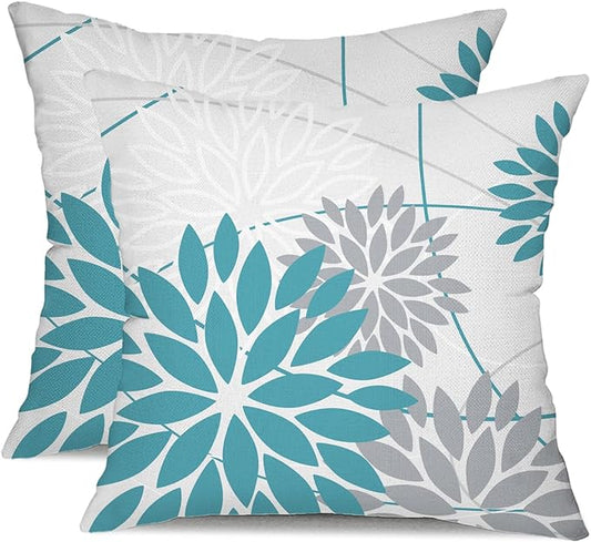 Blue and Grey Floral Pillow Covers 18x18 Set of 2 Outdoor Waterproof Decorative Throw Pillows Summer Pillow Covers Polyester Cushion Case Decor for Couch Patio Funiture Garden Porch 011A18