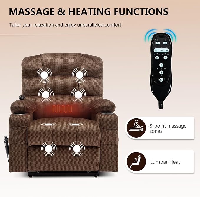 Dual Motor Recliner Lift Chair with Massage & Heat, 22.5" Wide Seat & 70.9" Long, Extra Wide Recliner w/Infinite Position, and Cup Holder, Tan