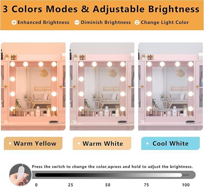 Vanity Desk with Mirror and Lights, 43" Pink Makeup Vanity Set with 5 Drawers & Glass Cabinets, Storage Stool, Power Outlet & Adjustable LED Lights, Dressing Table for Women & Girls Bedroom