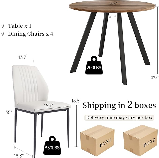34.6'' Round Dining Table and Chairs for 4 Space Saving for Apartment Kitchen Dining Room (Walnut Table+4 White Chairs)