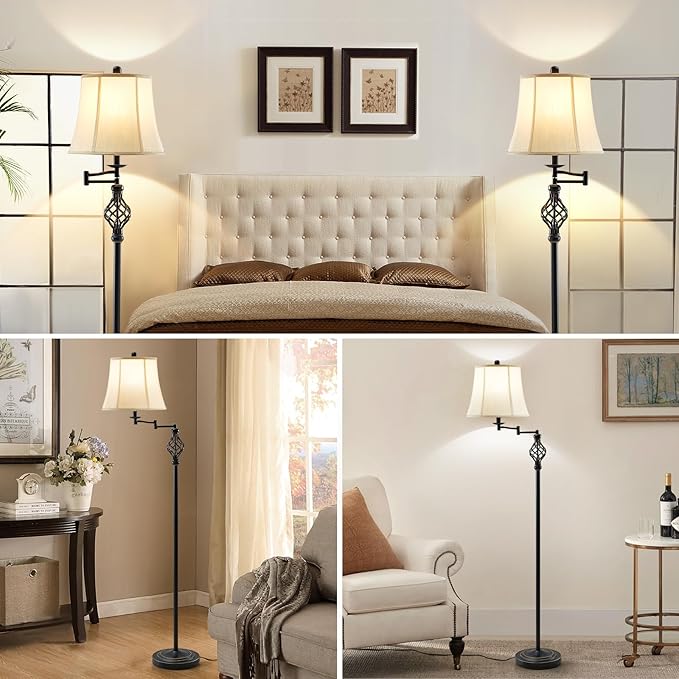 GyroVu 3 Color Temperature LED Floor lamp, Traditional 350° Adjustable Swing Arm Floor Lamp Vintage Pole lamp Farmhouse Lamp for Living Rooms & Offices, Rustic Standing Lamp for Bedroom Reading