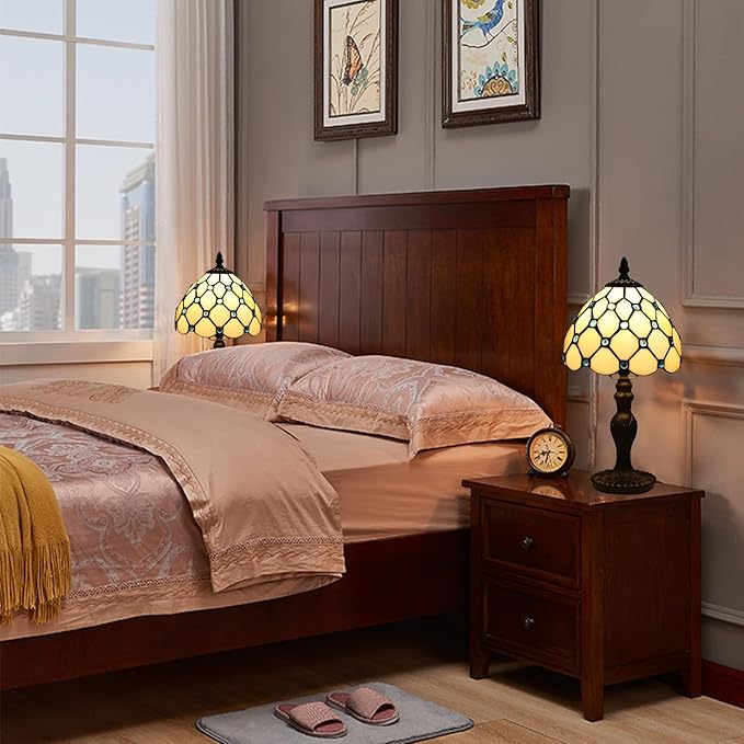 Tiffany Small Table Lamp for Living Room Blue Beads Stained Glass Bedside Nightstand Table Lamps for Bedroom Set of 2,3-Color Temperatures 8X8X15 Inch Hotel Home Office Desk Lamps