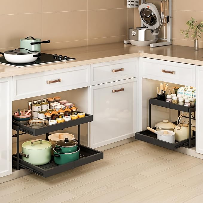2-Tier Expandable Pull Out Cabinet Organizer, 16.9" Deep Heavy-Duty Slide Rail Slide Out Drawer Organizers with Adhesive Nano Film for Pots, Roll out Shelf Storage for Kitchen & Pantry Storage,Black