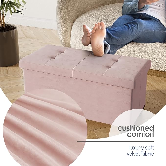 STORAGEBUD Storage Ottoman Bench with Bins, 30-in Storage Bench for Bedroom End of Bed, Folding Foot Rest Ottoman for Living Room Max 660lbs, Velvet Ottomans, Pink
